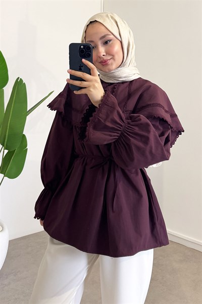 Mendil Yaka Dantelli Tunik - Bordo