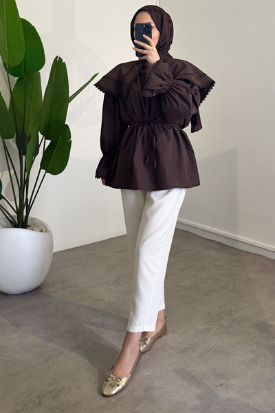 Mendil Yaka Dantelli Tunik - Kahverengi