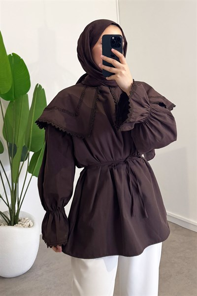 Mendil Yaka Dantelli Tunik - Kahverengi