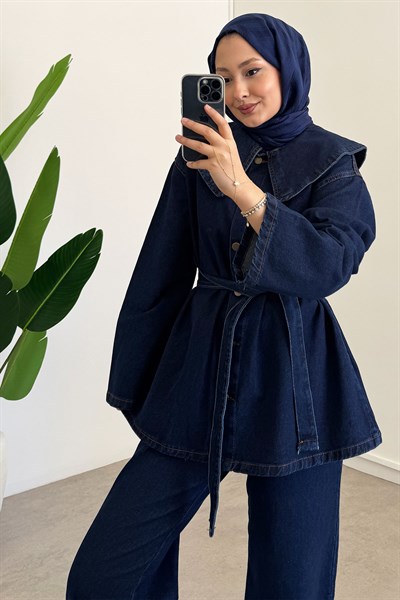 Mendil Yaka Denim Takım - Koyu Kot