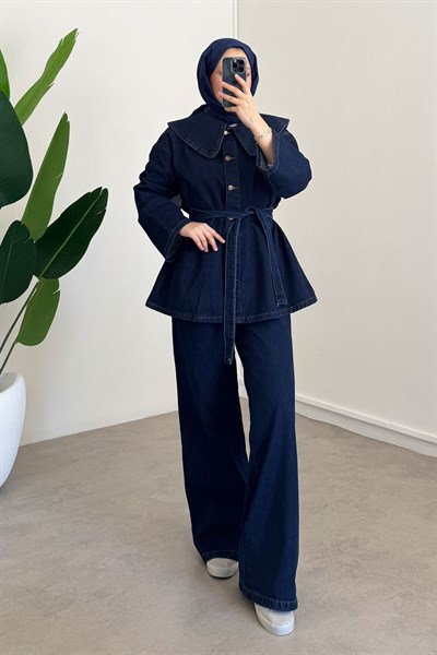 Mendil Yaka Denim Takım - Koyu Kot