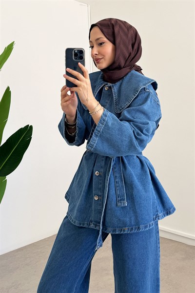 Mendil Yaka Denim Takım - Açık Kot