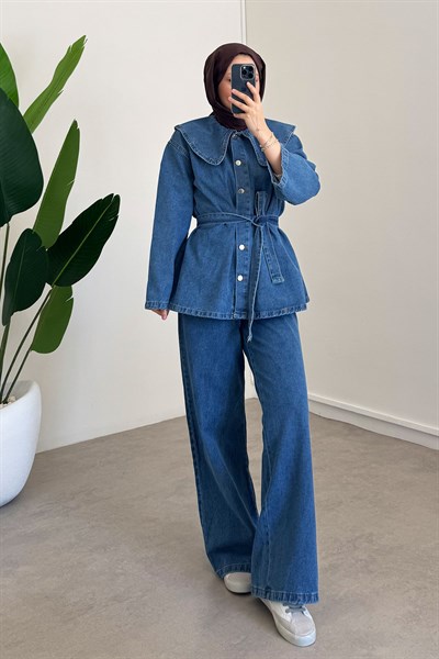 Mendil Yaka Denim Takım - Açık Kot