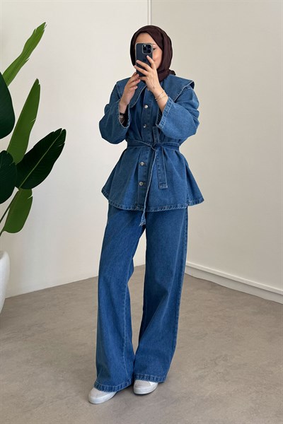 Mendil Yaka Denim Takım - Açık Kot
