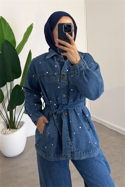 Metal Baskılı Denim Takım - Açık Kot