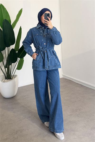 Metal Baskılı Denim Takım - Açık Kot