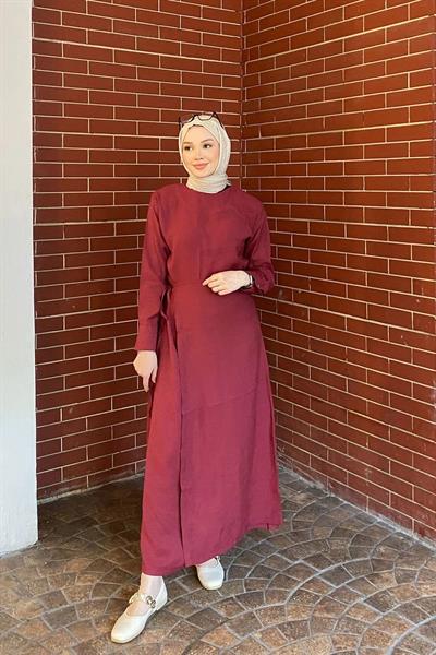 METALİZE DÜGMELİ ELBİSE 9-51509 - BORDO