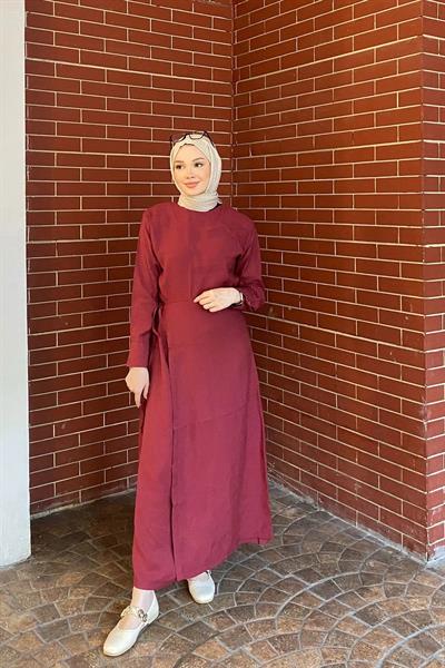 METALİZE DÜGMELİ ELBİSE 9-51509 - BORDO