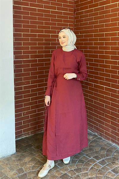 METALİZE DÜGMELİ ELBİSE 9-51509 - BORDO