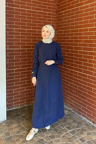 METALİZE DÜGMELİ ELBİSE 9-51509 - LACİVERT