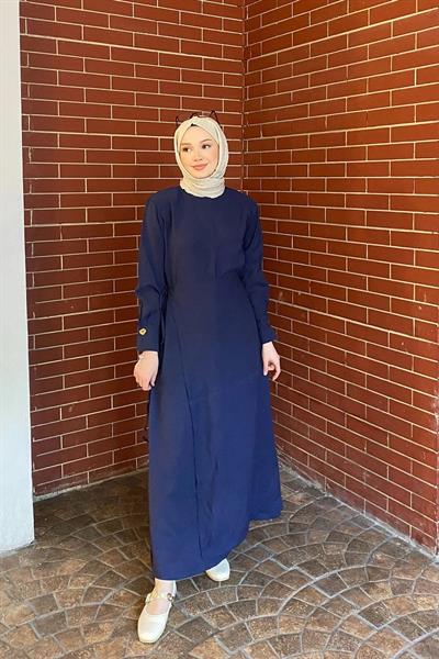 METALİZE DÜGMELİ ELBİSE 9-51509 - LACİVERT