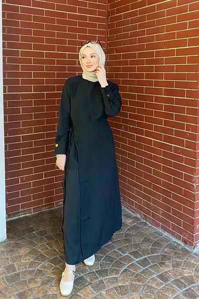 METALİZE DÜGMELİ ELBİSE 9-51509 - SİYAH