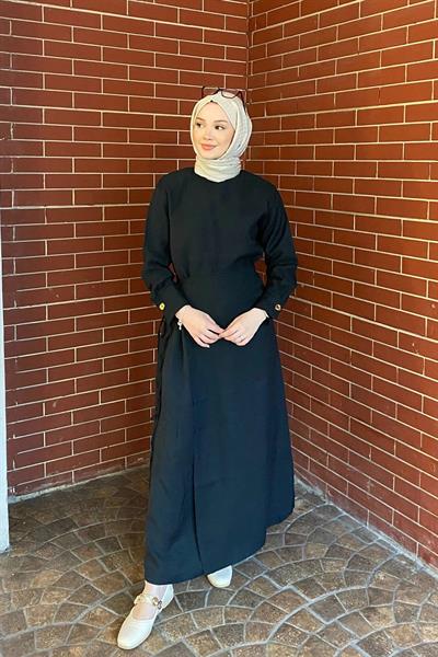 METALİZE DÜGMELİ ELBİSE 9-51509 - SİYAH