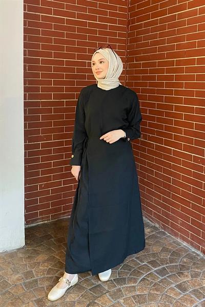 METALİZE DÜGMELİ ELBİSE 9-51509 - SİYAH