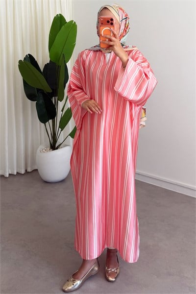 Modal Çizgili Elbise - Pembe