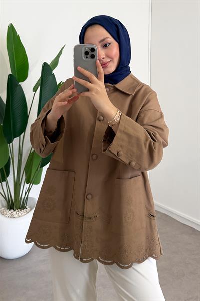Nakışlı Cepli Ceket - Camel