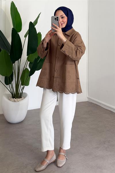 Nakışlı Cepli Ceket - Camel