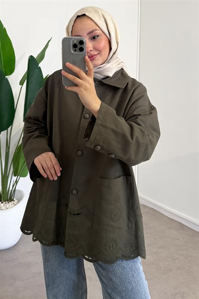 Nakışlı Cepli Ceket - Haki Yeşil