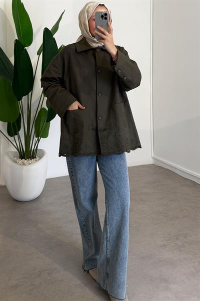 Nakışlı Cepli Ceket - Haki Yeşil