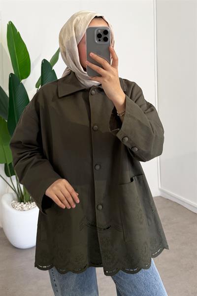 Nakışlı Cepli Ceket - Haki Yeşil