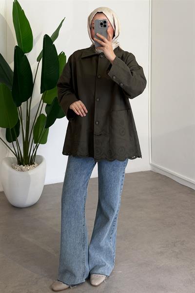 Nakışlı Cepli Ceket - Haki Yeşil