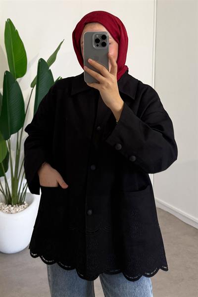 Nakışlı Cepli Ceket - Siyah