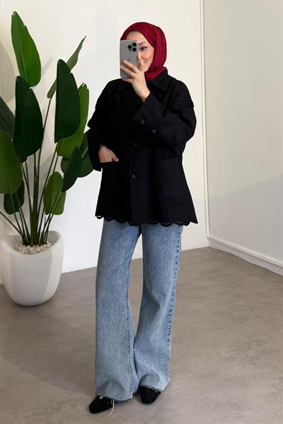 Nakışlı Cepli Ceket - Siyah