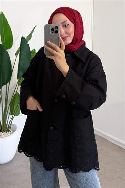 Nakışlı Cepli Ceket - Siyah
