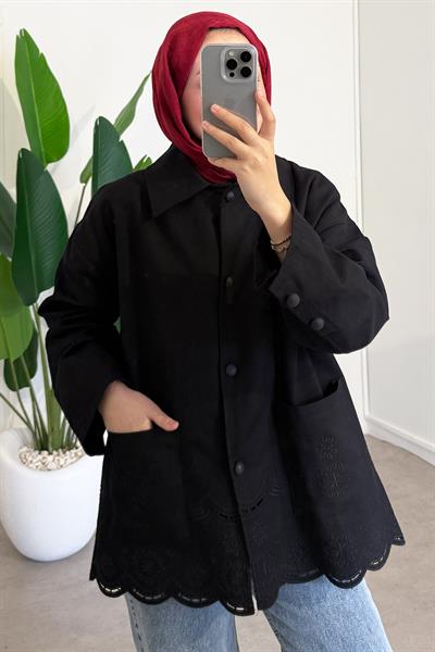 Nakışlı Cepli Ceket - Siyah