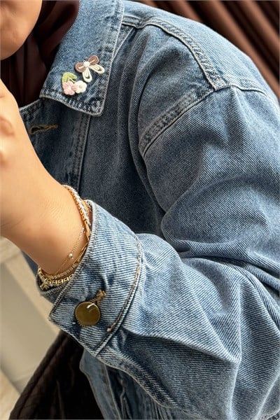 Nakışlı Denim Ceket - Açık Kot