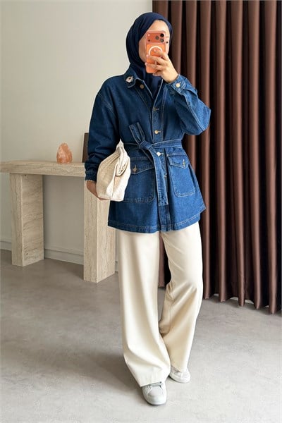 Nakışlı Denim Ceket - Koyu Kot