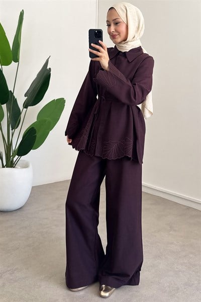 Nakışlı Keten Takım - Bordo