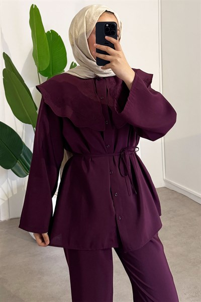 Nakışlı Mendil Yaka Takım - Bordo