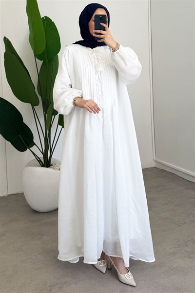 Nervüllü Elbise - Beyaz