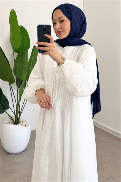 Nervüllü Elbise - Beyaz