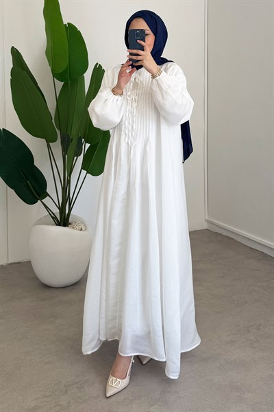 Nervüllü Elbise - Beyaz