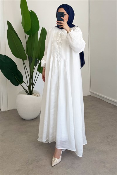 Nervüllü Elbise - Beyaz