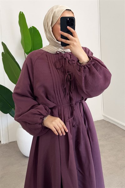 Nervüllü Elbise - Mürdüm