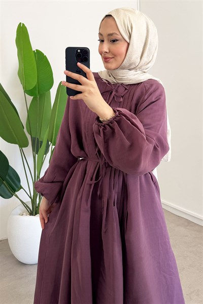 Nervüllü Elbise - Mürdüm