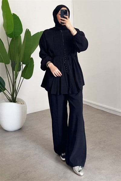 Nervürlü Modal Takım - Siyah