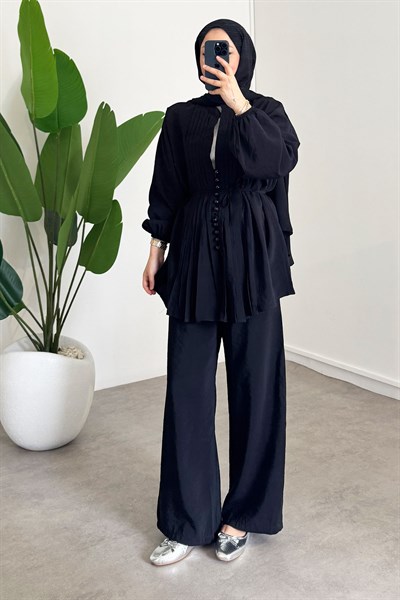 Nervürlü Modal Takım - Siyah