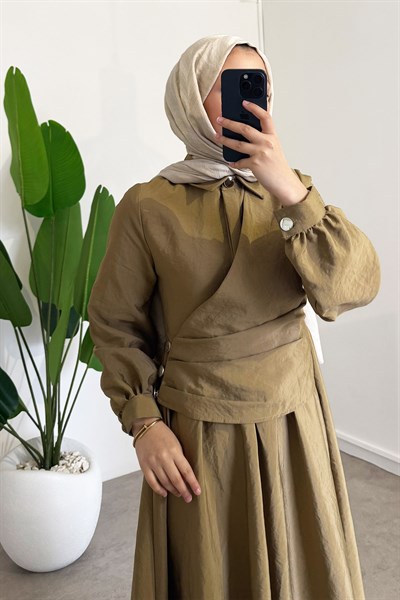 Önden Düğmeli Elbise - Haki Yeşil