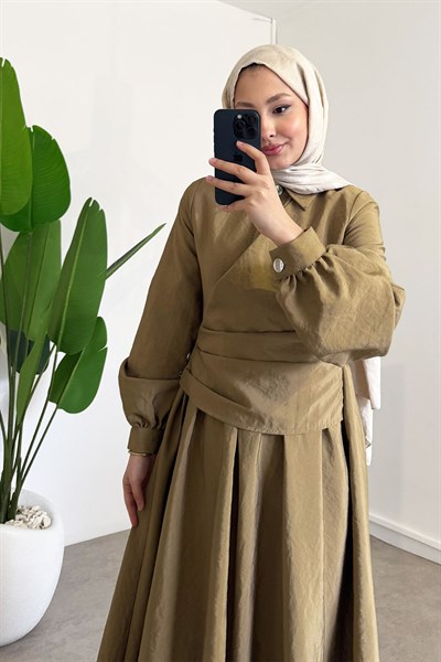 Önden Düğmeli Elbise - Haki Yeşil