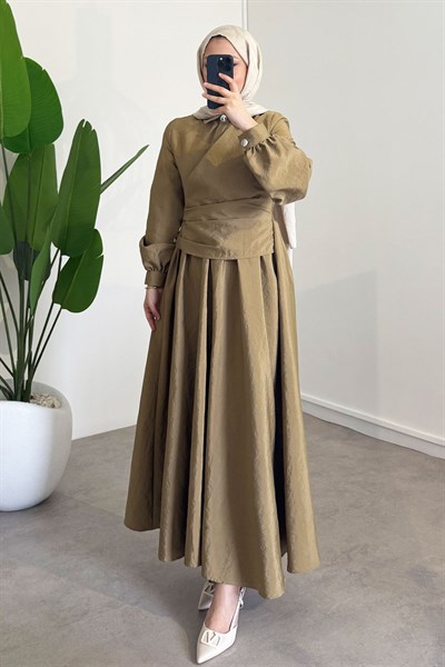 Önden Düğmeli Elbise - Haki Yeşil