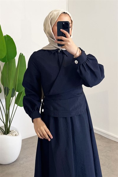 Önden Düğmeli Elbise - Lacivert
