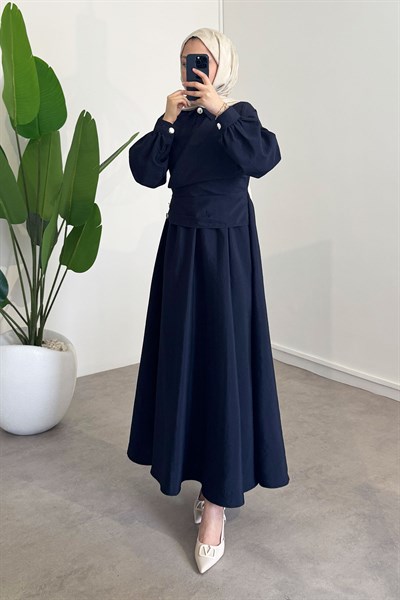 Önden Düğmeli Elbise - Lacivert