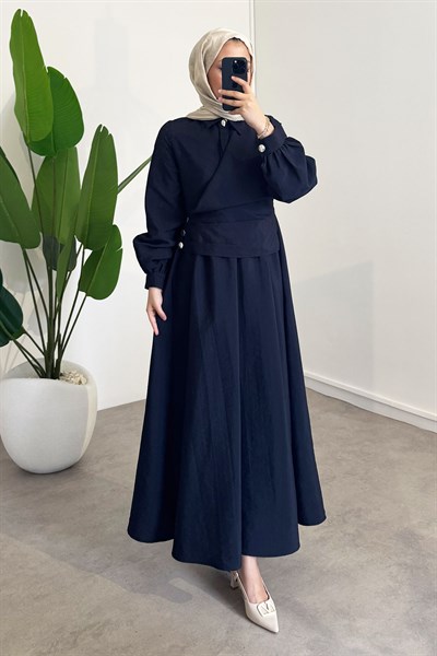 Önden Düğmeli Elbise - Lacivert