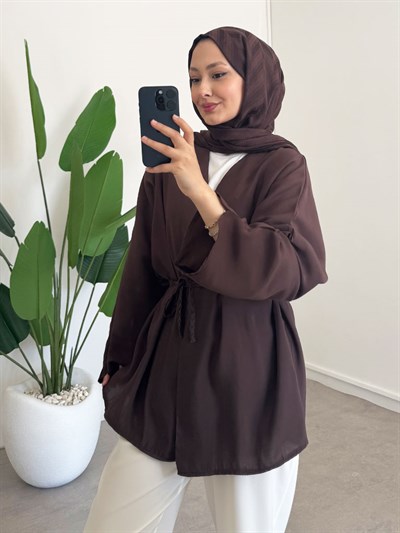 Örgü Kemer Kimono - Kahverengi