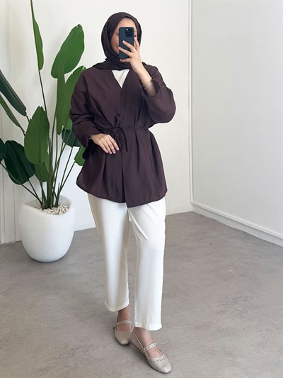 Örgü Kemer Kimono - Kahverengi