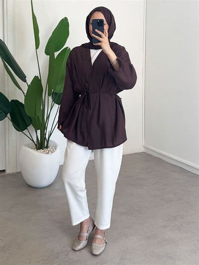 Örgü Kemer Kimono - Kahverengi